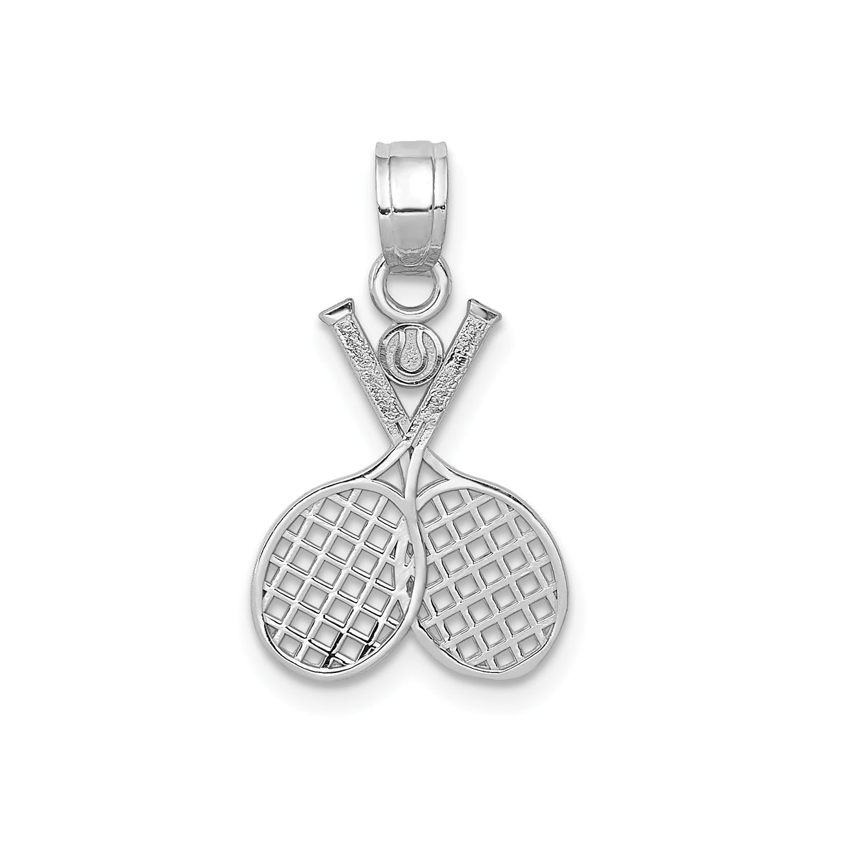 14k White Gold Tennis Pendant with Crossed Rackets and Ball Charm, Unisex Sports Jewelry