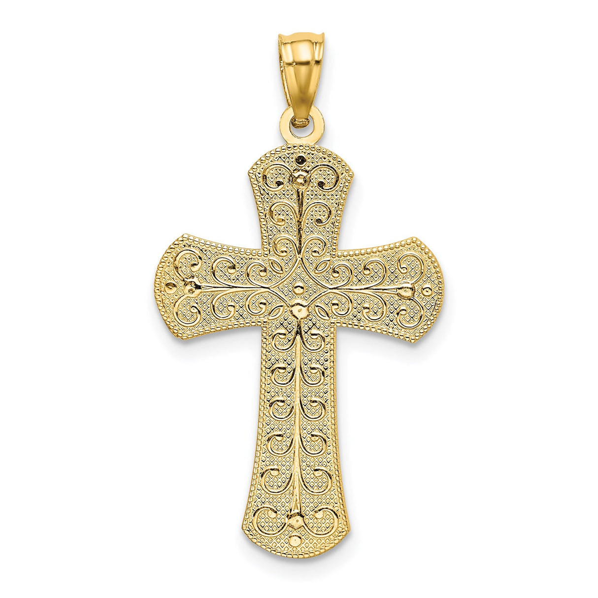 14k Two-Tone Gold Cross Pendant with Filigree, Beaded Edges, and Floral Accents
