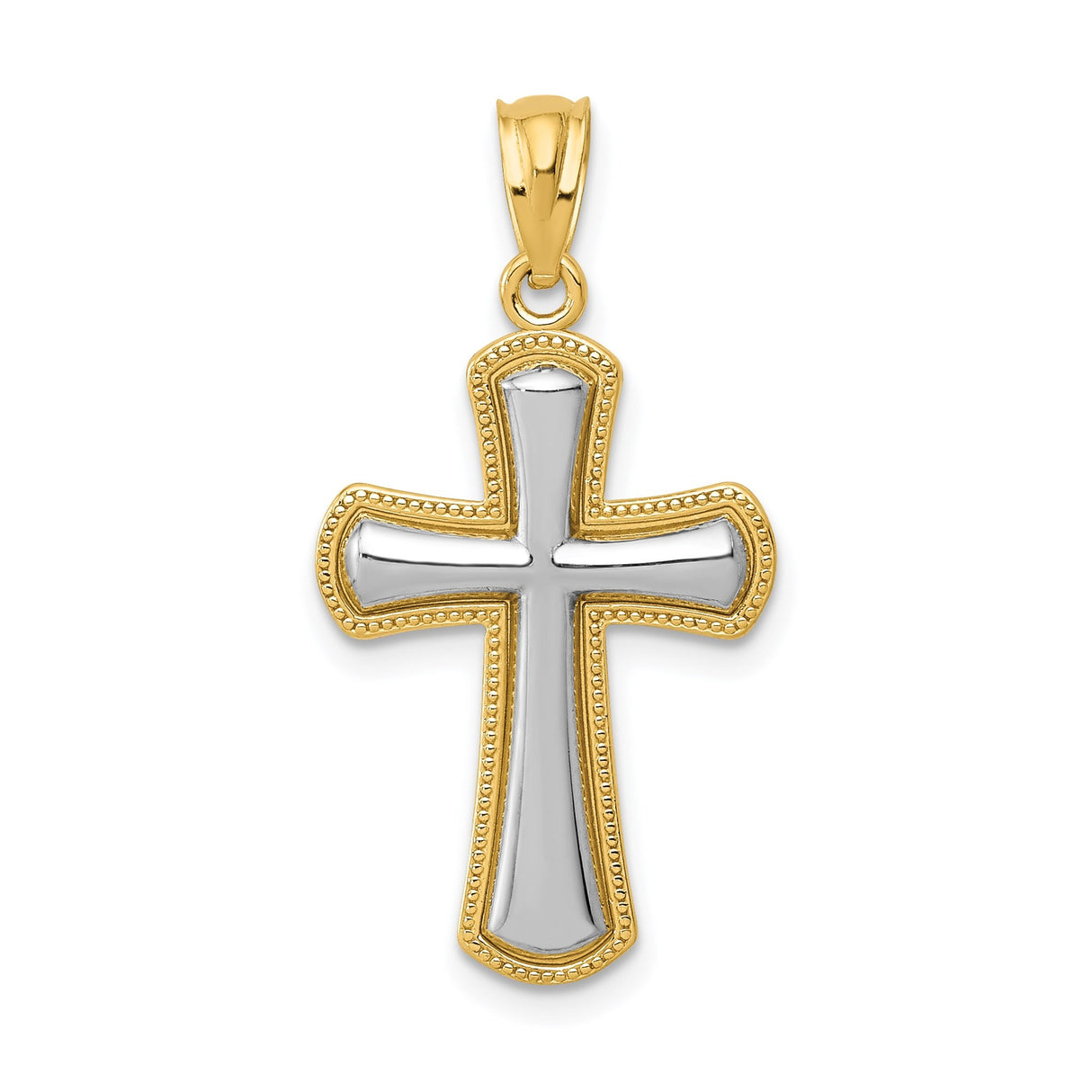 14k Multi-Tone Gold Flared Cross Pendant with Silver Center and Beaded Edge