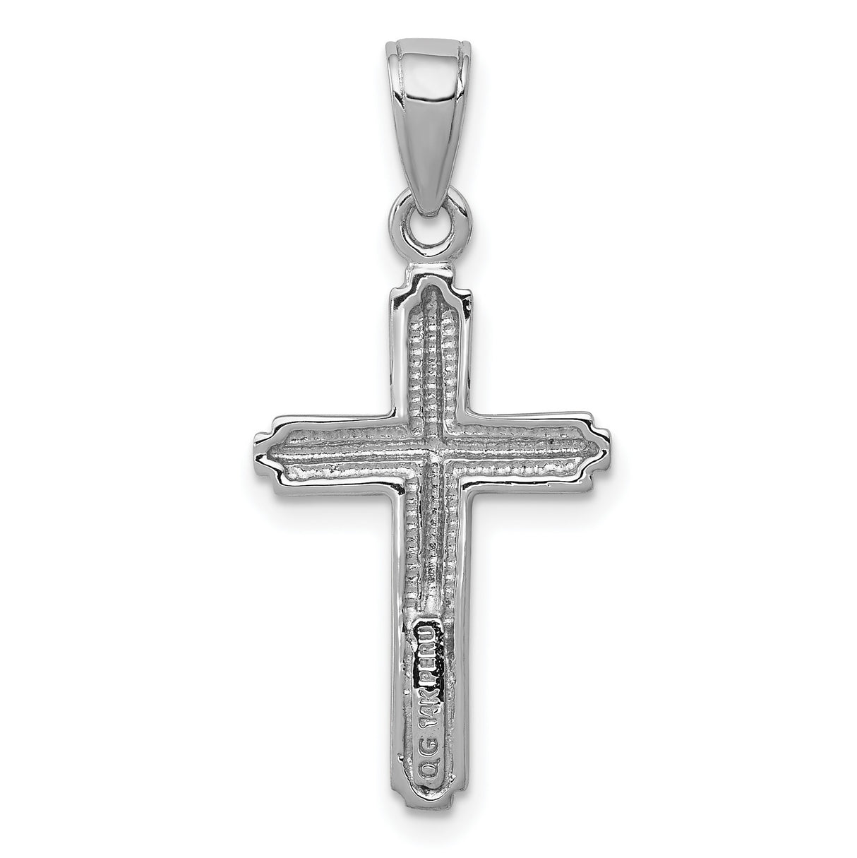 14k White Gold Cross Pendant with Beveled Edge, Rope Detail and Curved Bail