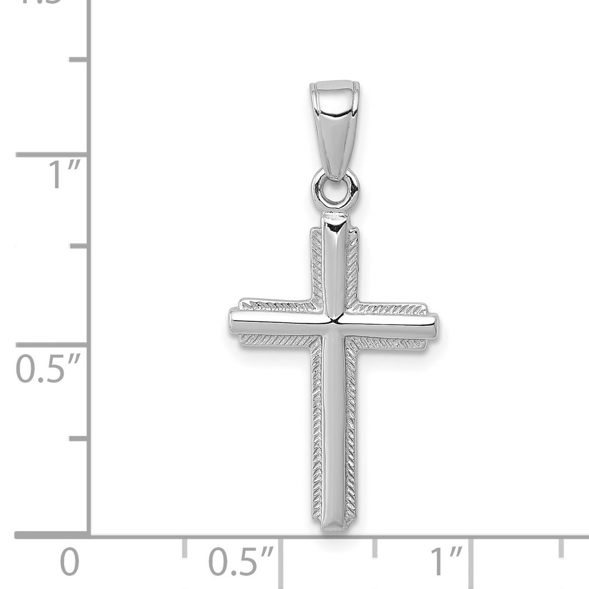 14k White Gold Cross Pendant with Beveled Edge, Rope Detail and Curved Bail