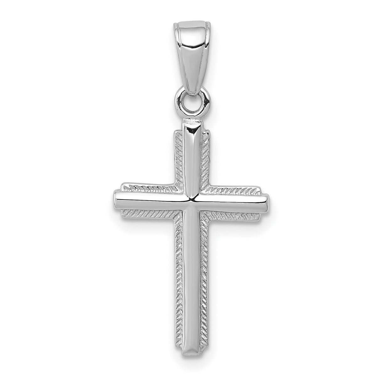 14k White Gold Cross Pendant with Beveled Edge, Rope Detail and Curved Bail