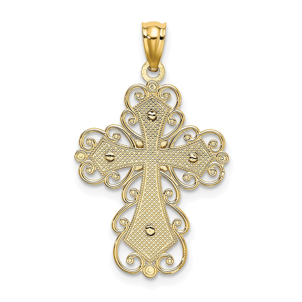 14k Two-Tone Gold Filigree Cross Pendant with Milgrain Texture and Openwork Design