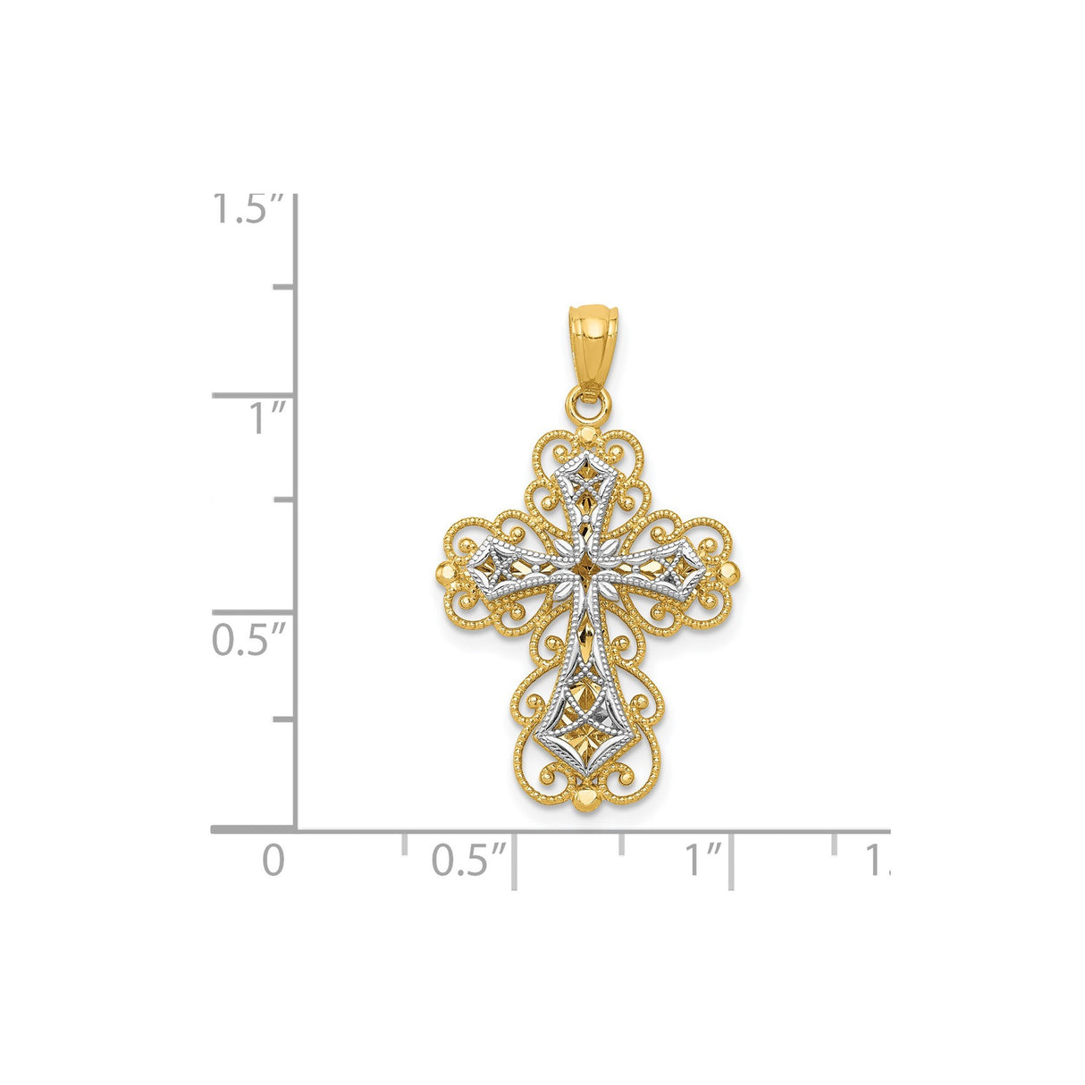14k Two-Tone Gold Filigree Cross Pendant with Milgrain Texture and Openwork Design