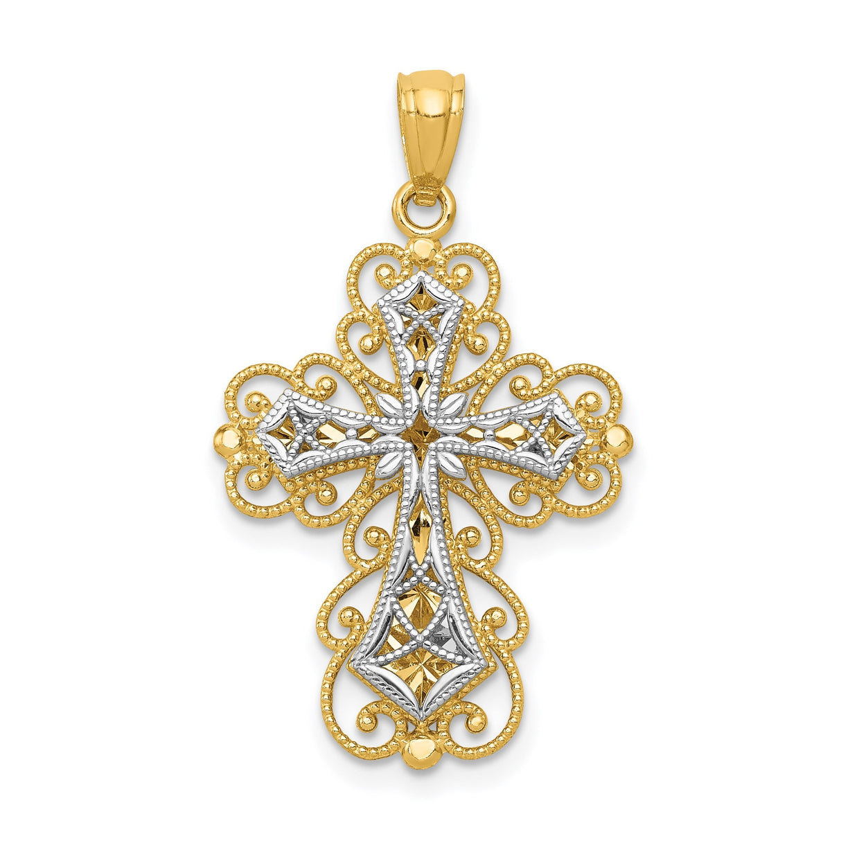 14k Two-Tone Gold Filigree Cross Pendant with Milgrain Texture and Openwork Design