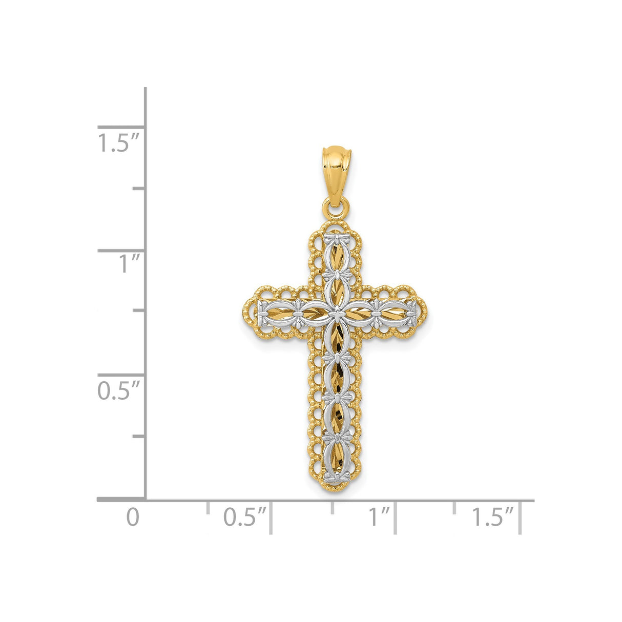14k Multi-Tone Gold Cross Pendant with Floral Motif and Openwork Design