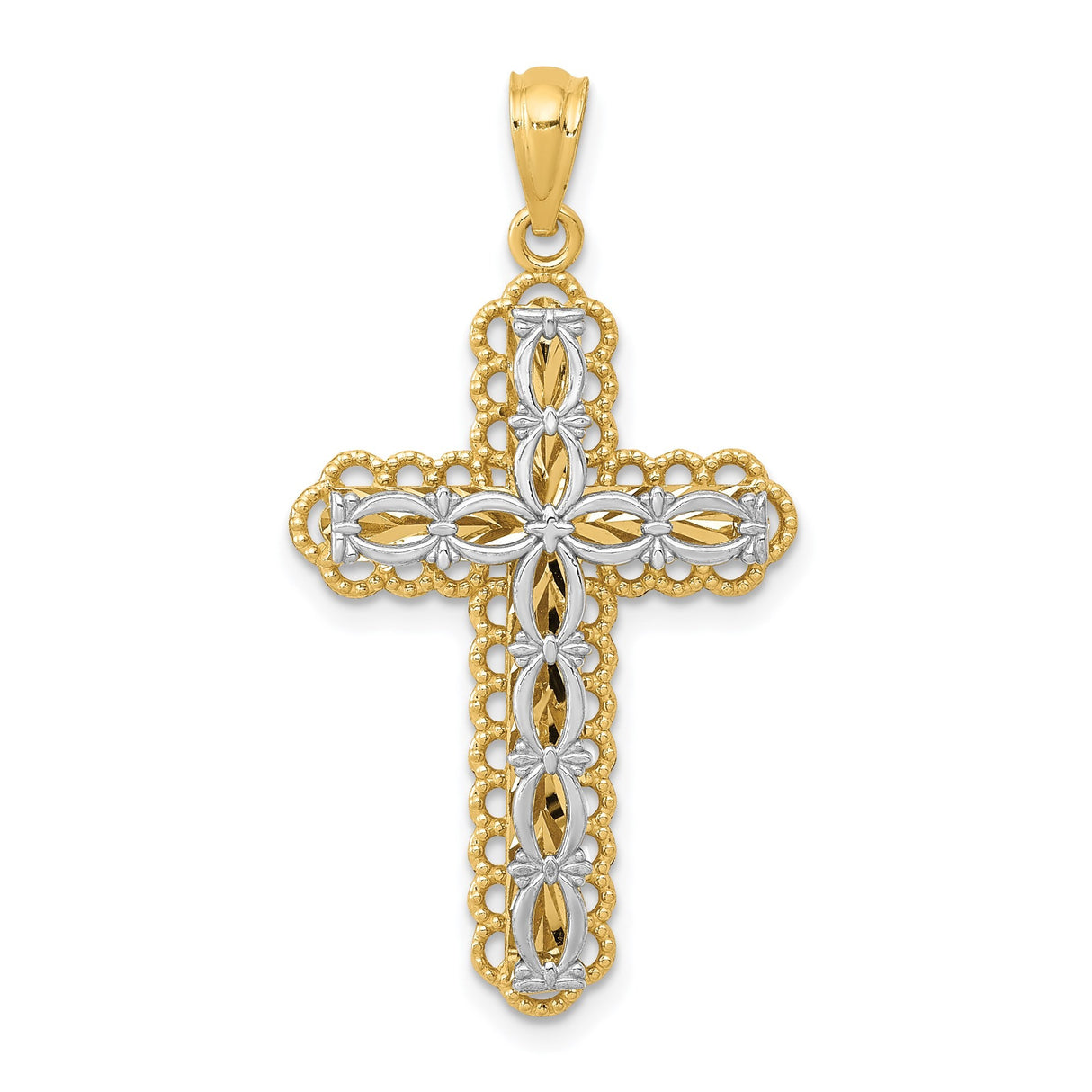 14k Multi-Tone Gold Cross Pendant with Floral Motif and Openwork Design