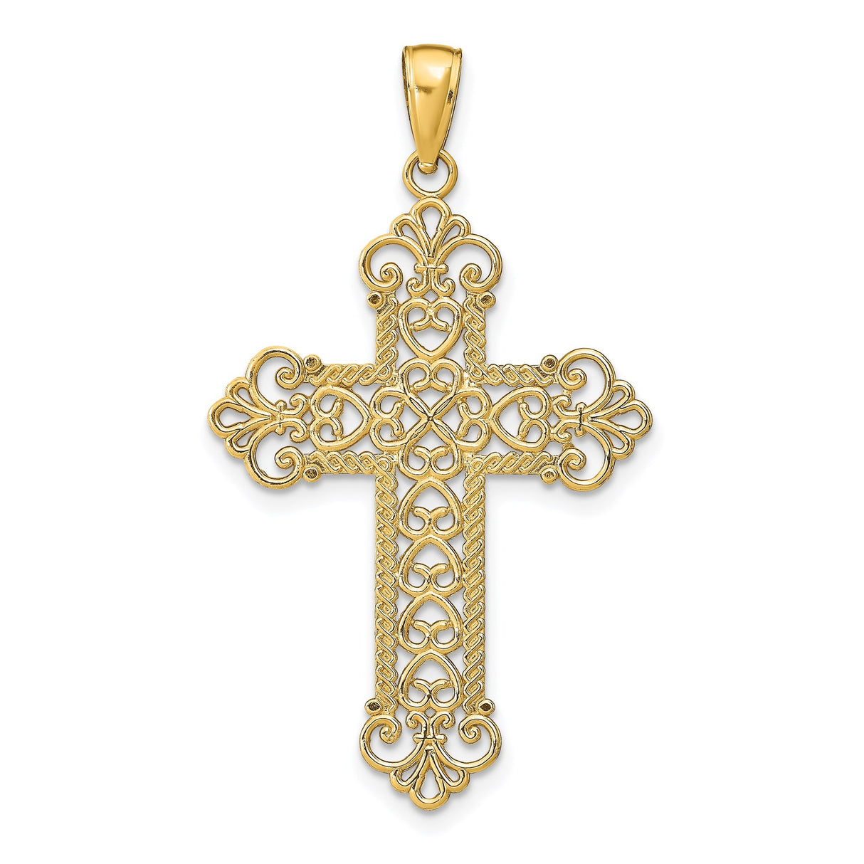 14k Yellow Gold Cross Pendant with Openwork Rope Frame and Filigree Twisted Detail
