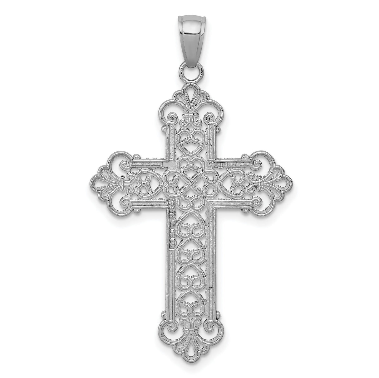 14k White Gold Filigree Cross Pendant with Rope Frame and Scroll Accents