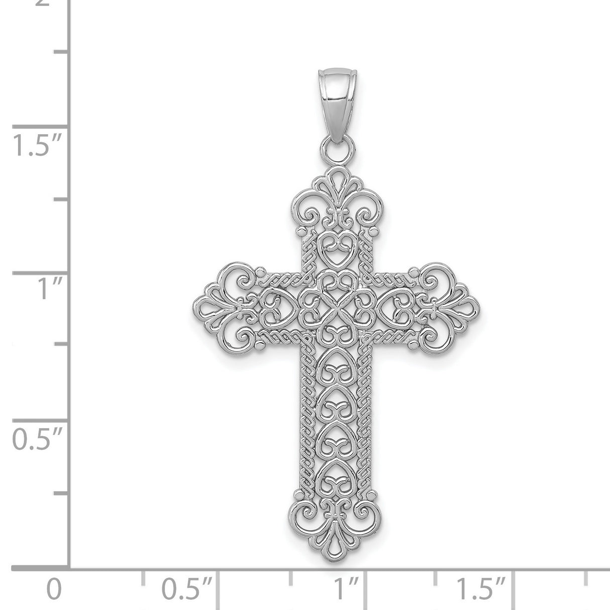 14k White Gold Filigree Cross Pendant with Rope Frame and Scroll Accents