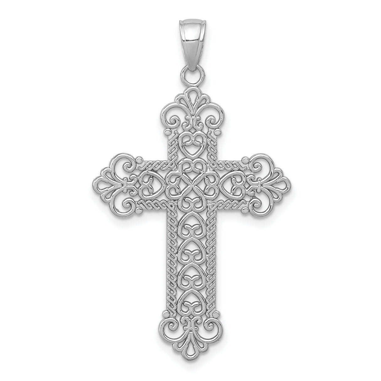 14k White Gold Filigree Cross Pendant with Rope Frame and Scroll Accents