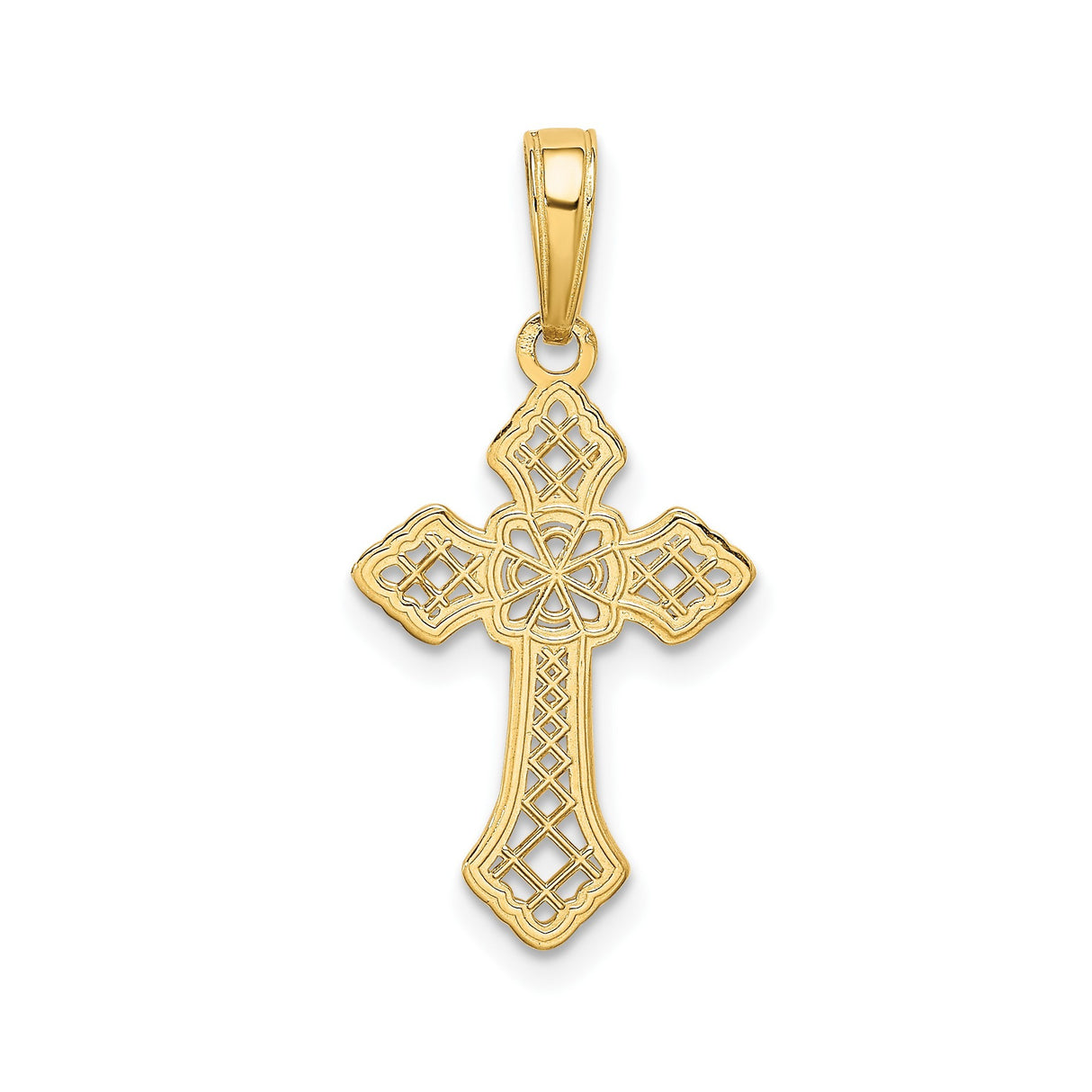 14k Yellow Gold Patonce Cross Pendant with Filigree, Beveled Edges, Floral Openwork Design