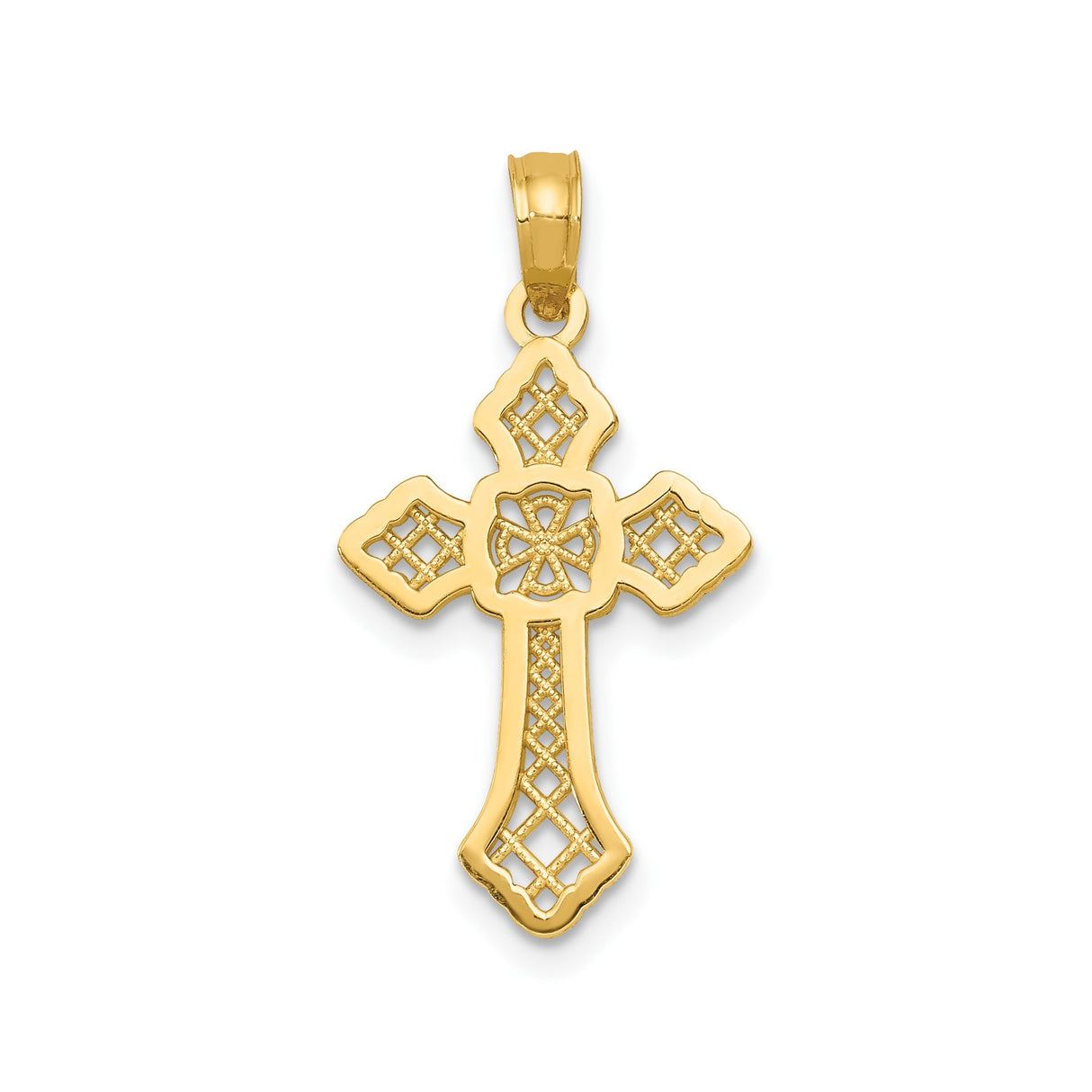 14k Yellow Gold Patonce Cross Pendant with Filigree, Beveled Edges, Floral Openwork Design