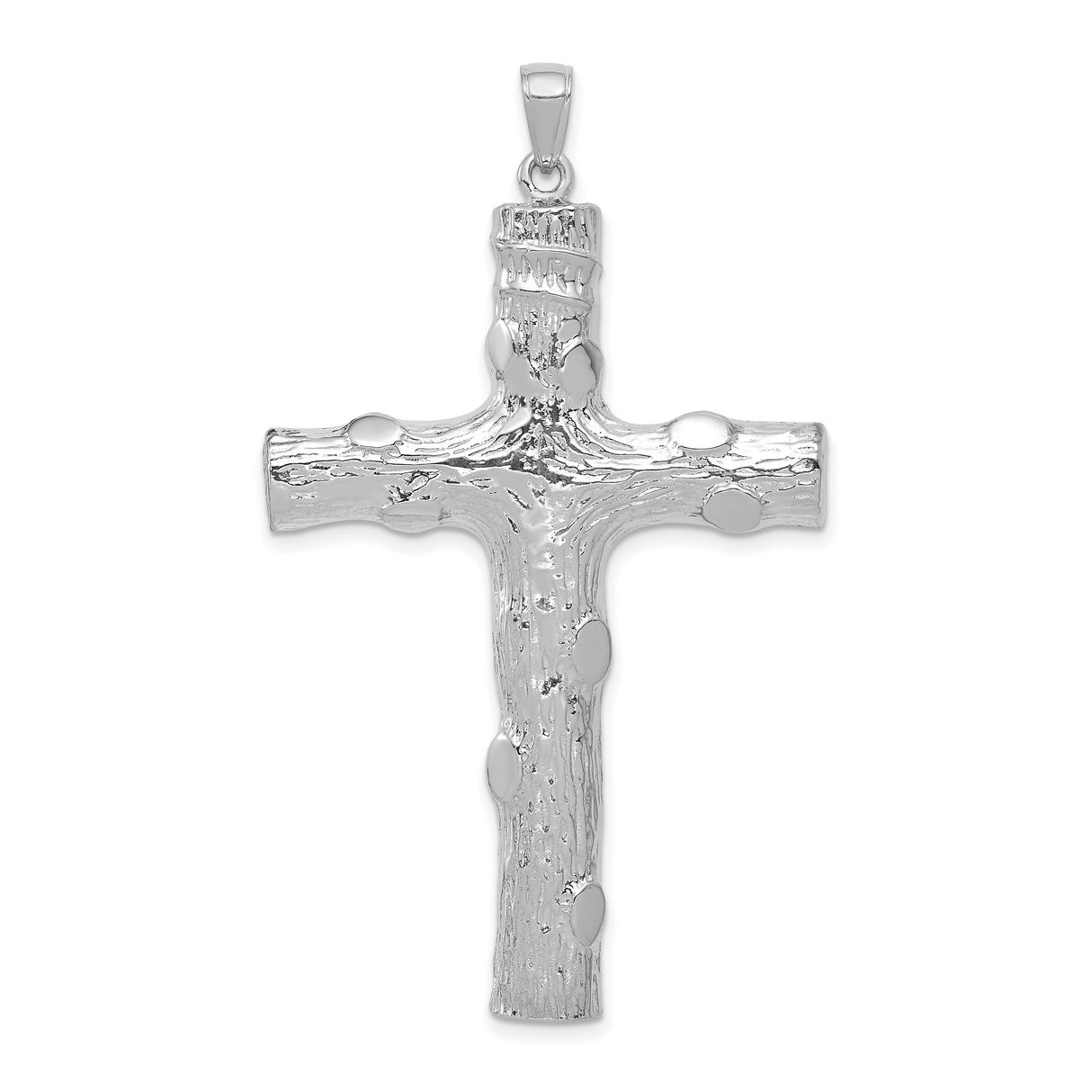 14k White Gold Tree Bark Textured Cross Pendant, Organic Wood Grain Design, Christian Religious Jewelry