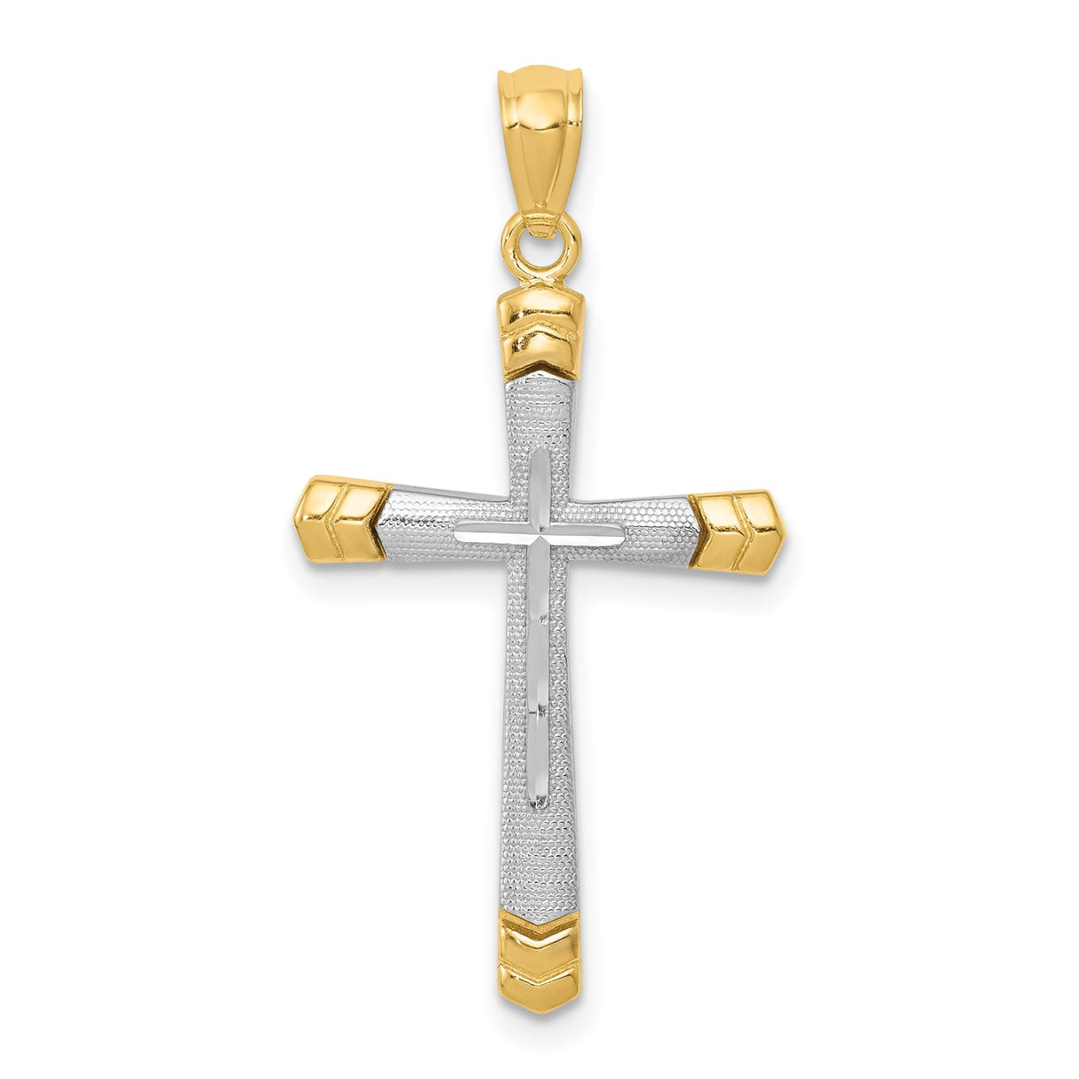 14k Two-Tone Gold Double Latin Cross Pendant with Polished and Textured Finish
