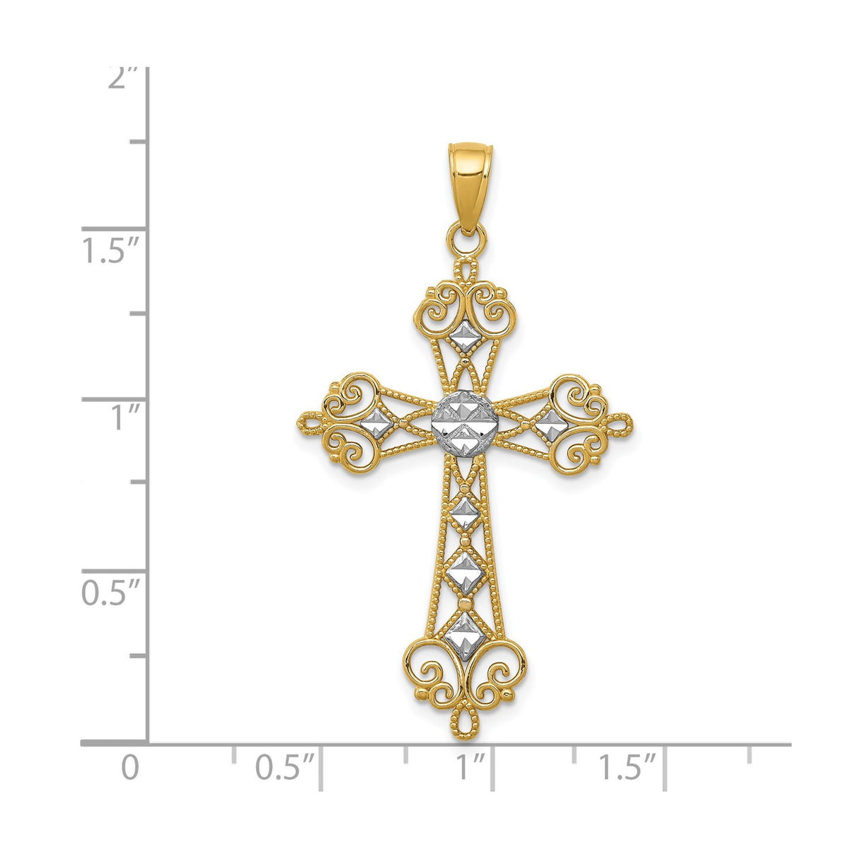 14k Multi-Tone Gold Fleur De Lis Cross Pendant with Rhodium Accents and Filigree Scrollwork