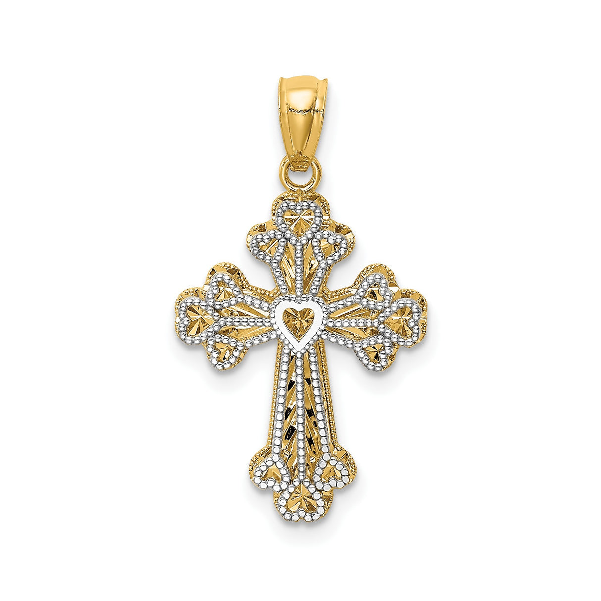 14k Two-Tone Gold Cross Pendant with Filigree, Beaded Trim, Heart Cut-Out, and Diamond-Cut Detail