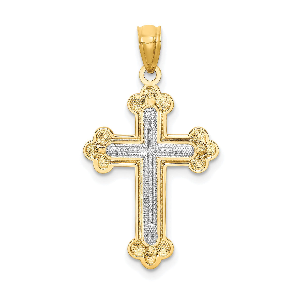 14k Two-Tone Gold Budded Cross Pendant with Textured Inlay and Polished Finish
