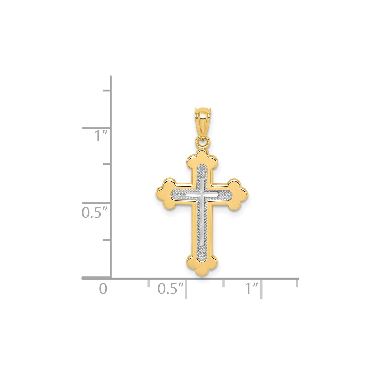 14k Two-Tone Gold Budded Cross Pendant with Textured Inlay and Polished Finish