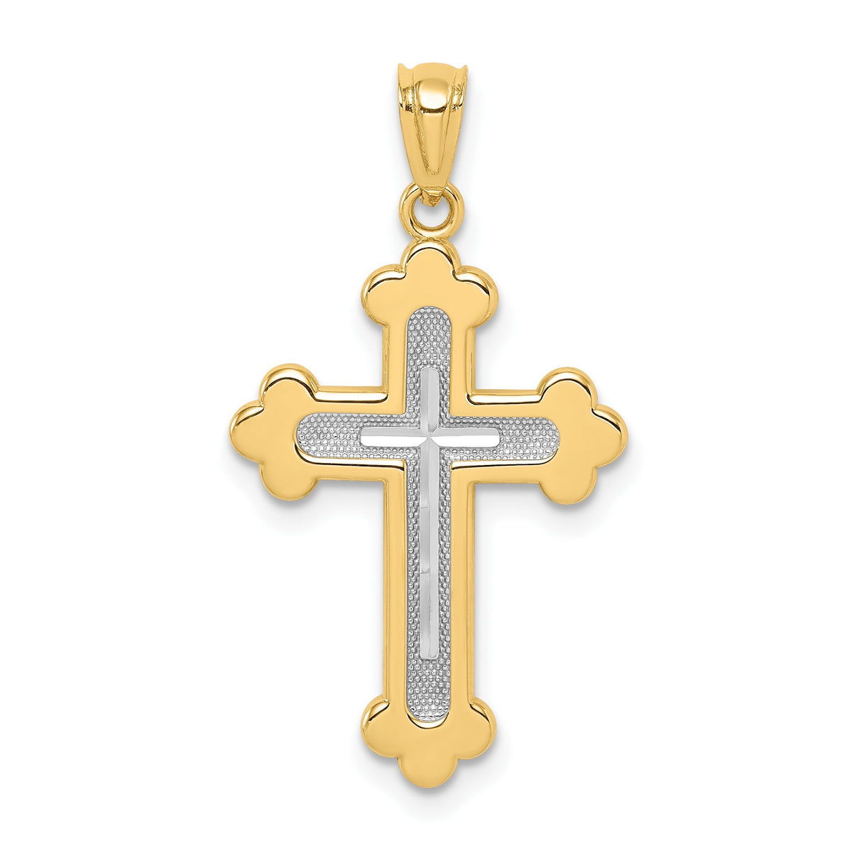 14k Two-Tone Gold Budded Cross Pendant with Textured Inlay and Polished Finish