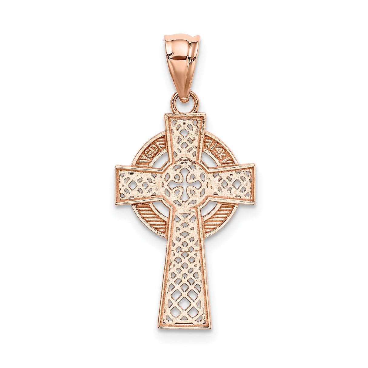 14k Rose Gold Celtic Knot Cross Pendant with Iona High Cross Design and Filigree Detailing