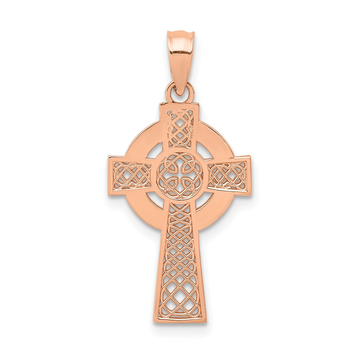 14k Rose Gold Celtic Knot Cross Pendant with Iona High Cross Design and Filigree Detailing
