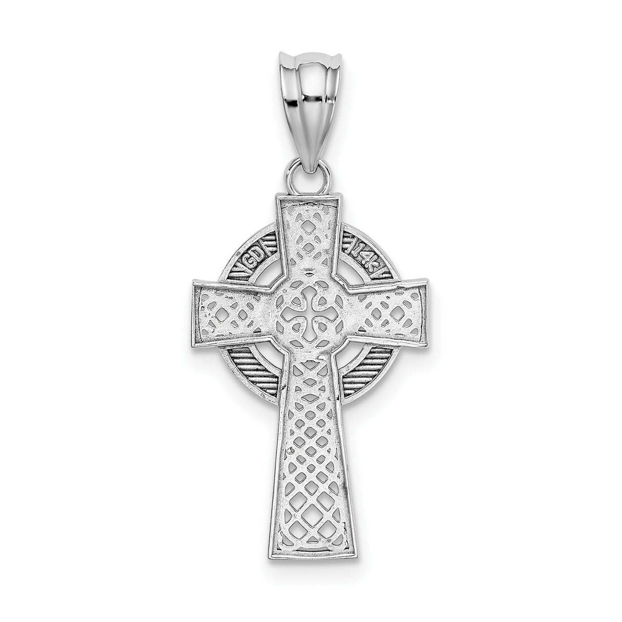 14k White Gold Celtic Cross Pendant with Woven Knot Detail and Oxidized Finish