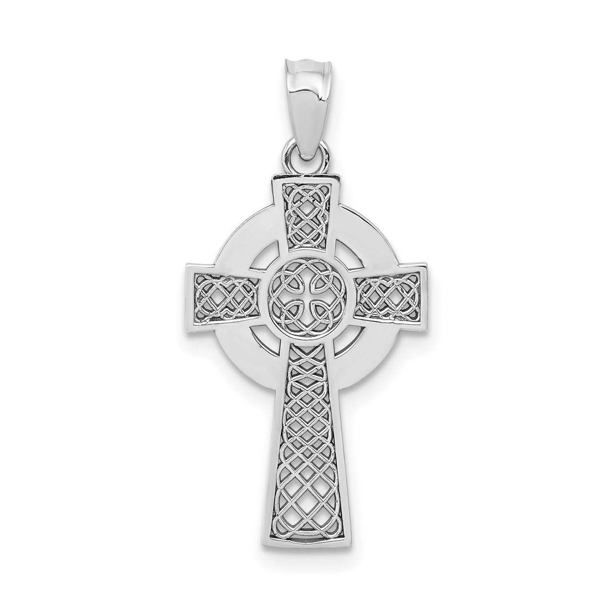 14k White Gold Celtic Cross Pendant with Woven Knot Detail and Oxidized Finish