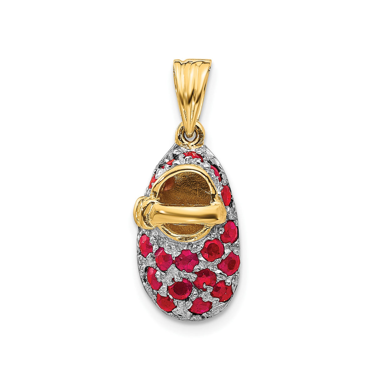 14k Yellow Gold and Rhodium Plated Baby Shoe Pendant with Ruby and White Stones