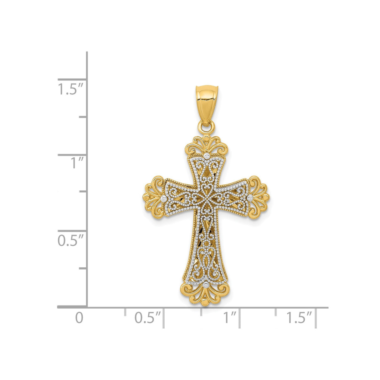 14k Yellow and White Gold Budded Cross Pendant with Fleur-de-Lis and Filigree Design