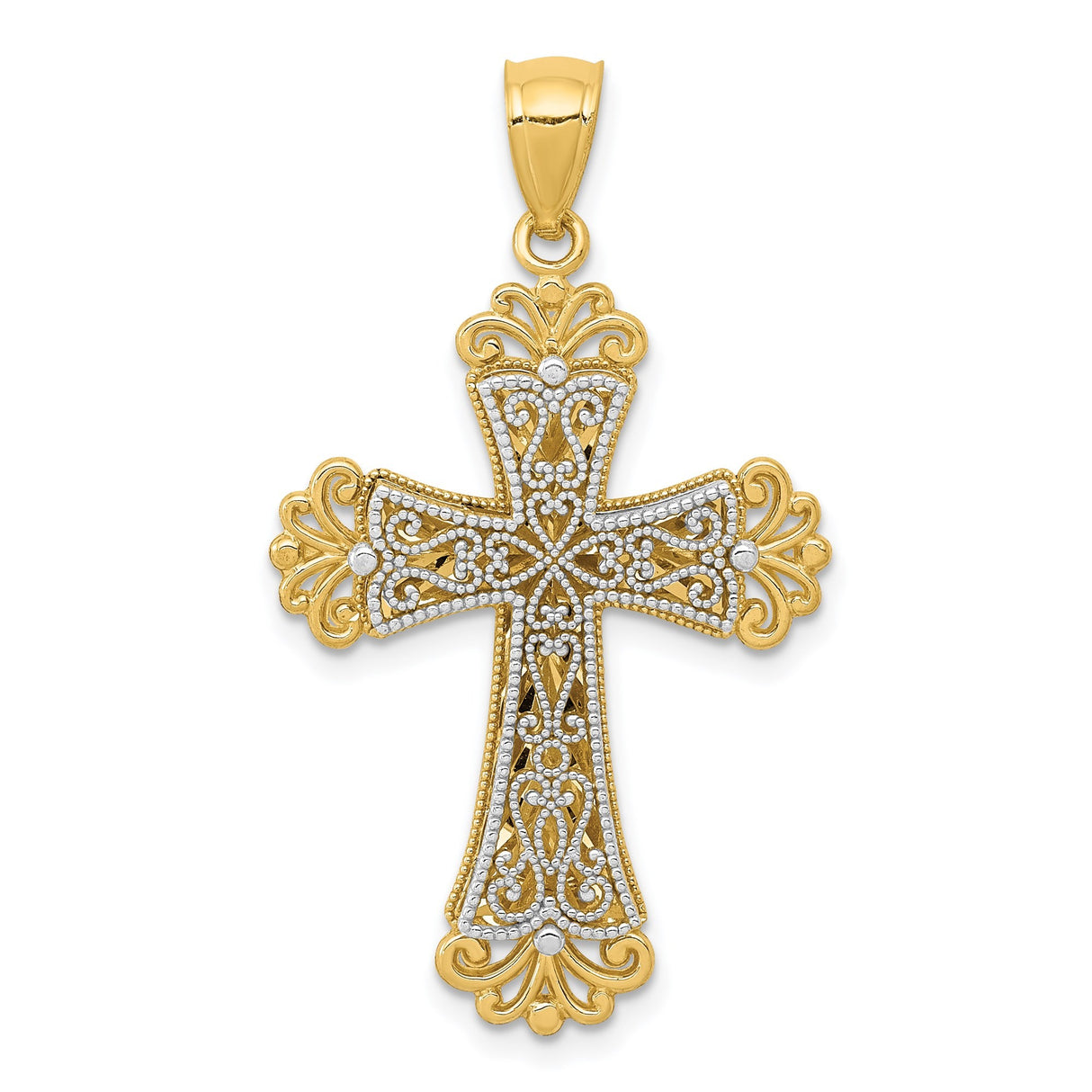 14k Yellow and White Gold Budded Cross Pendant with Fleur-de-Lis and Filigree Design