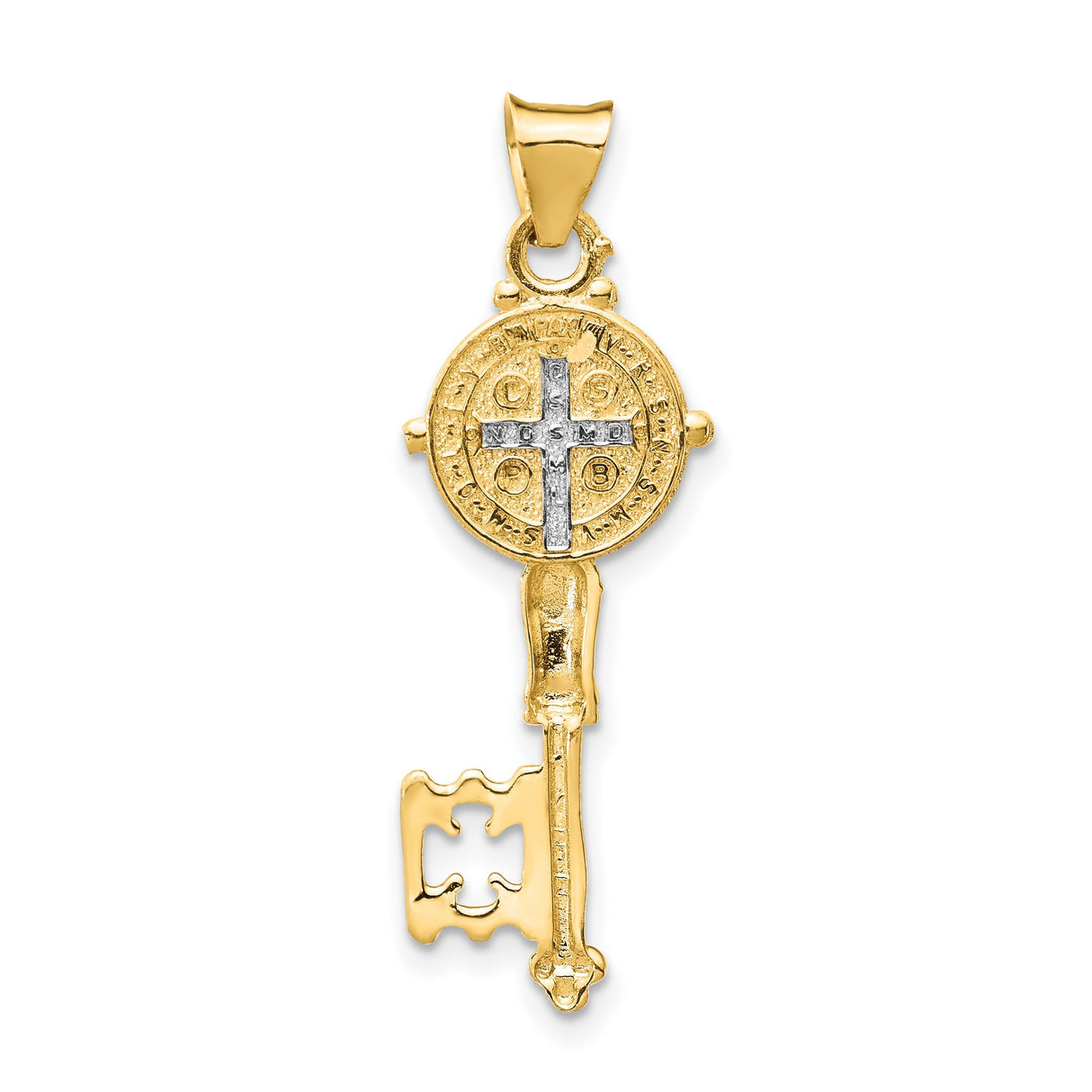 Saint Benedict and Words on Key Shaped Cross Charm Pendant in Real 14k Multi-Tone Gold