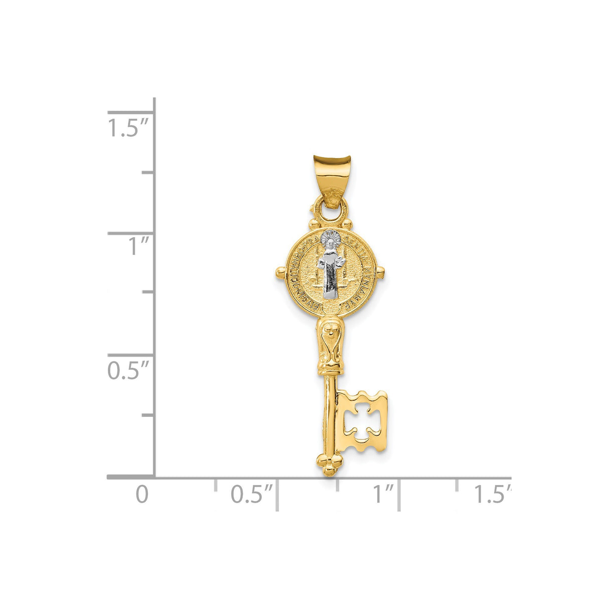 14k Two-Tone Gold Saint Benedict Cross Pendant, Filigree Key Design, Catholic Medallion for Men and Women