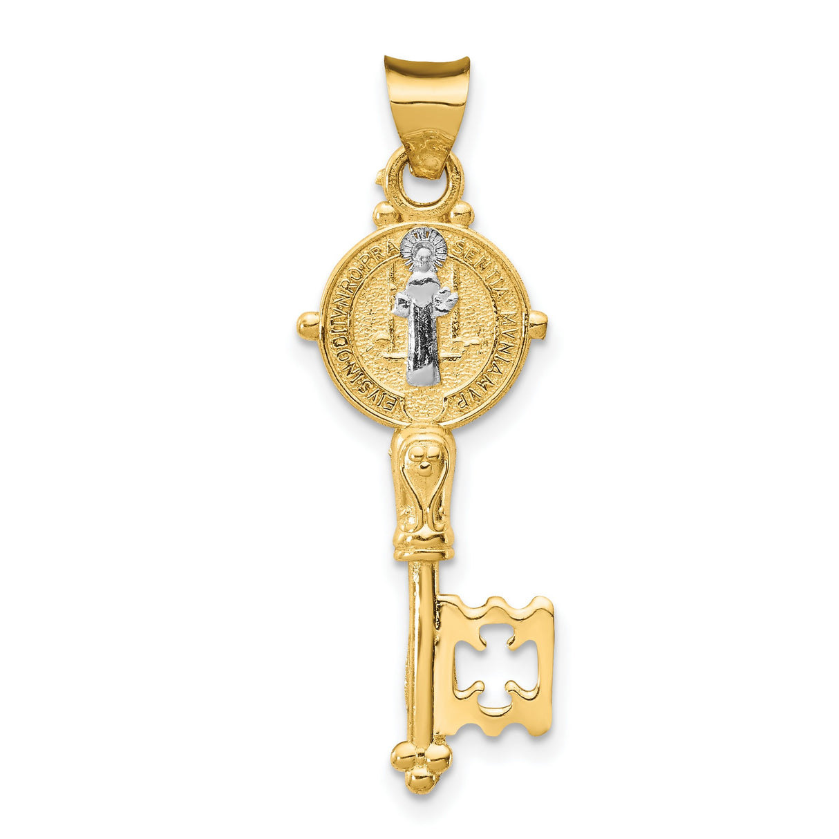 Saint Benedict and Words on Key Shaped Cross Charm Pendant in Real 14k Multi-Tone Gold