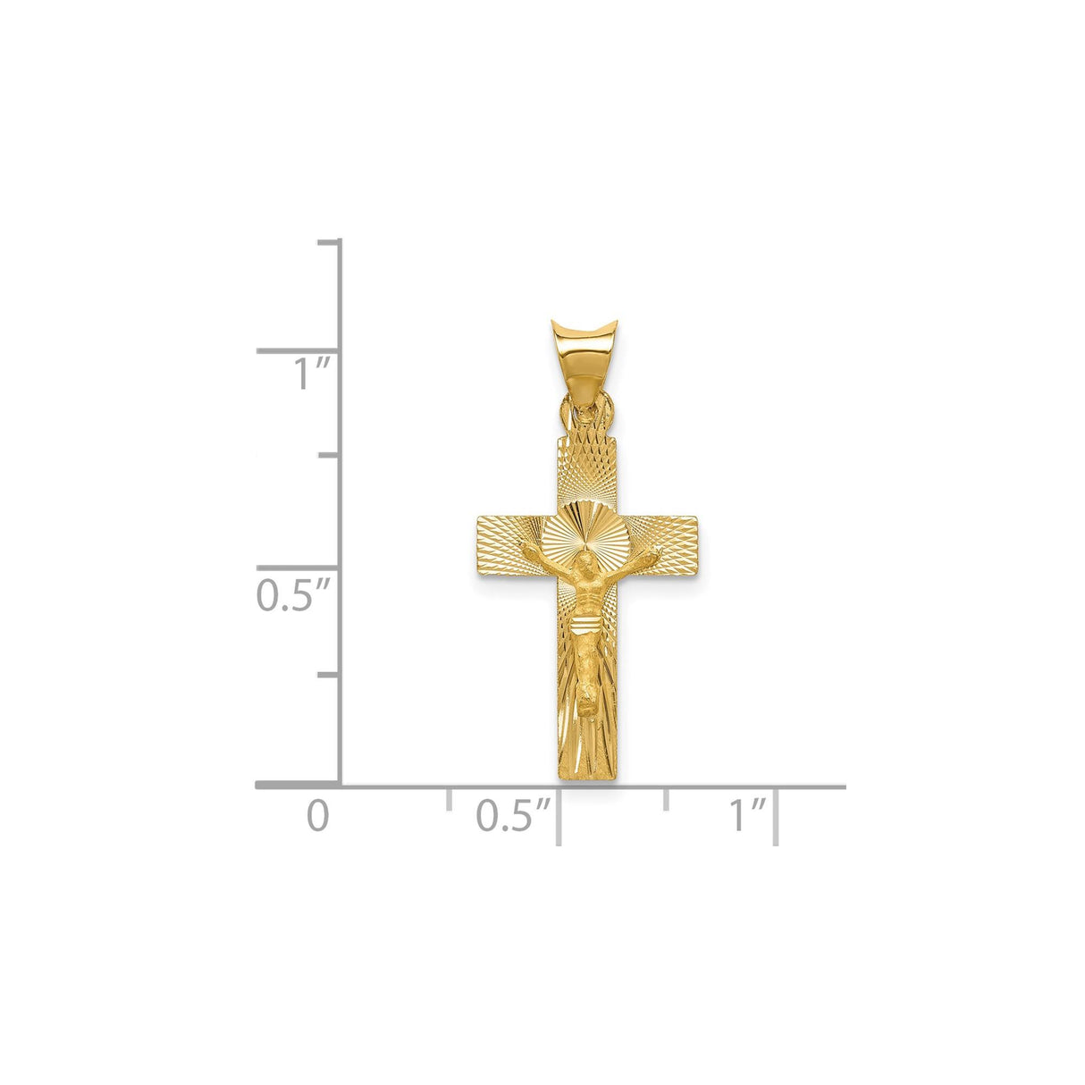 14k Yellow Gold Crucifix Pendant with Raised Jesus Design, Satin Polished Cross Charm