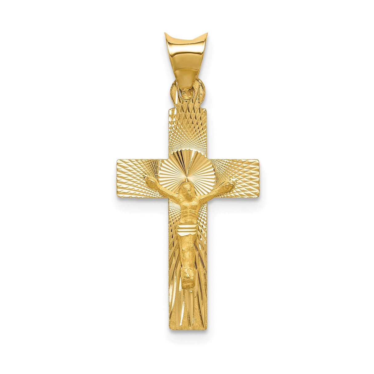 14k Yellow Gold Crucifix Pendant with Raised Jesus Design, Satin Polished Cross Charm
