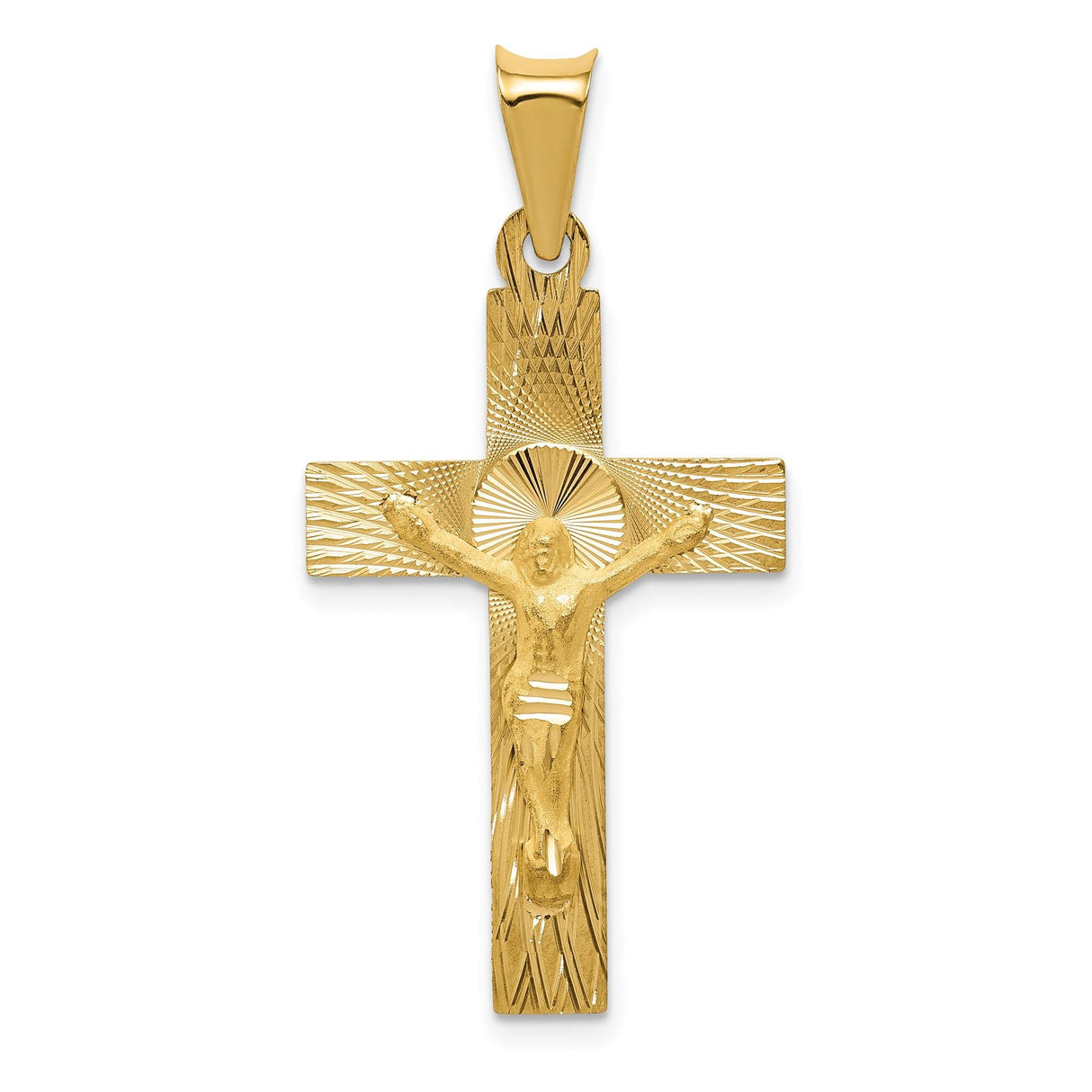 14k Yellow Gold Crucifix Cross Pendant with Satin Finish Featuring Jesus Design