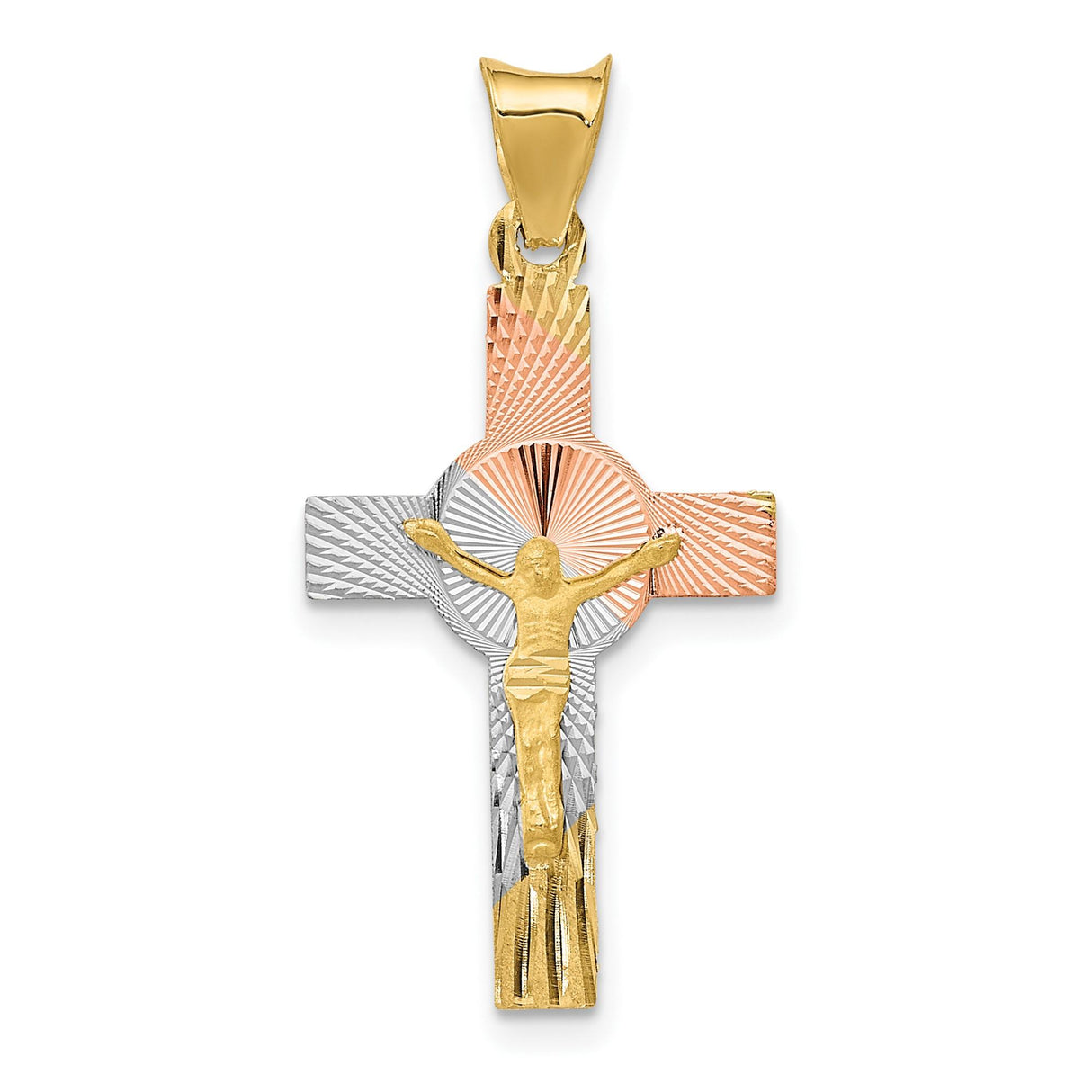 14k Multi-Tone Gold Crucifix Cross Pendant with Rhodium Accents, Catholic Faith Jewelry Charm