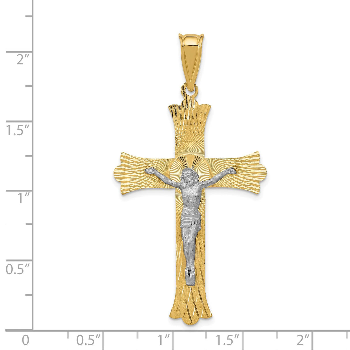 14k Multi-Tone Gold Crucifix Pendant, Beveled Edges Satin Sunburst Cross Design