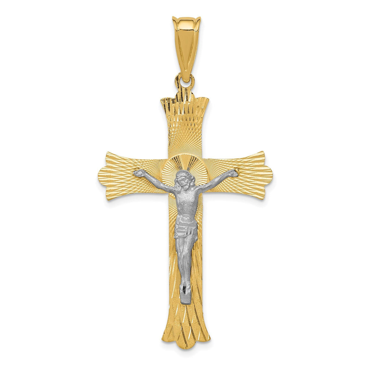 14k Multi-Tone Gold Crucifix Pendant, Beveled Edges Satin Sunburst Cross Design