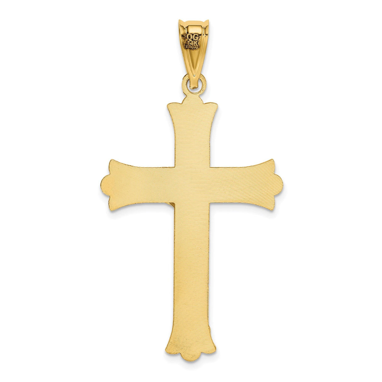 14k Yellow Gold Crucifix Cross Pendant with Satin and Mirror Finish, Jesus Figure, Fleur de Lis Detail