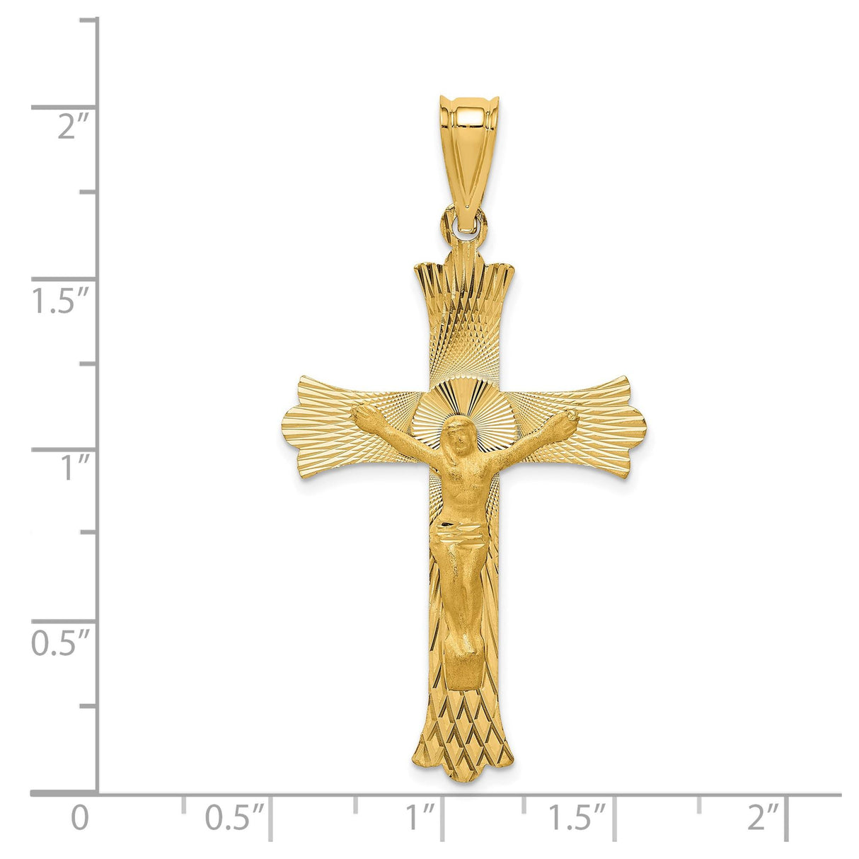 14k Yellow Gold Crucifix Cross Pendant with Satin and Mirror Finish, Jesus Figure, Fleur de Lis Detail