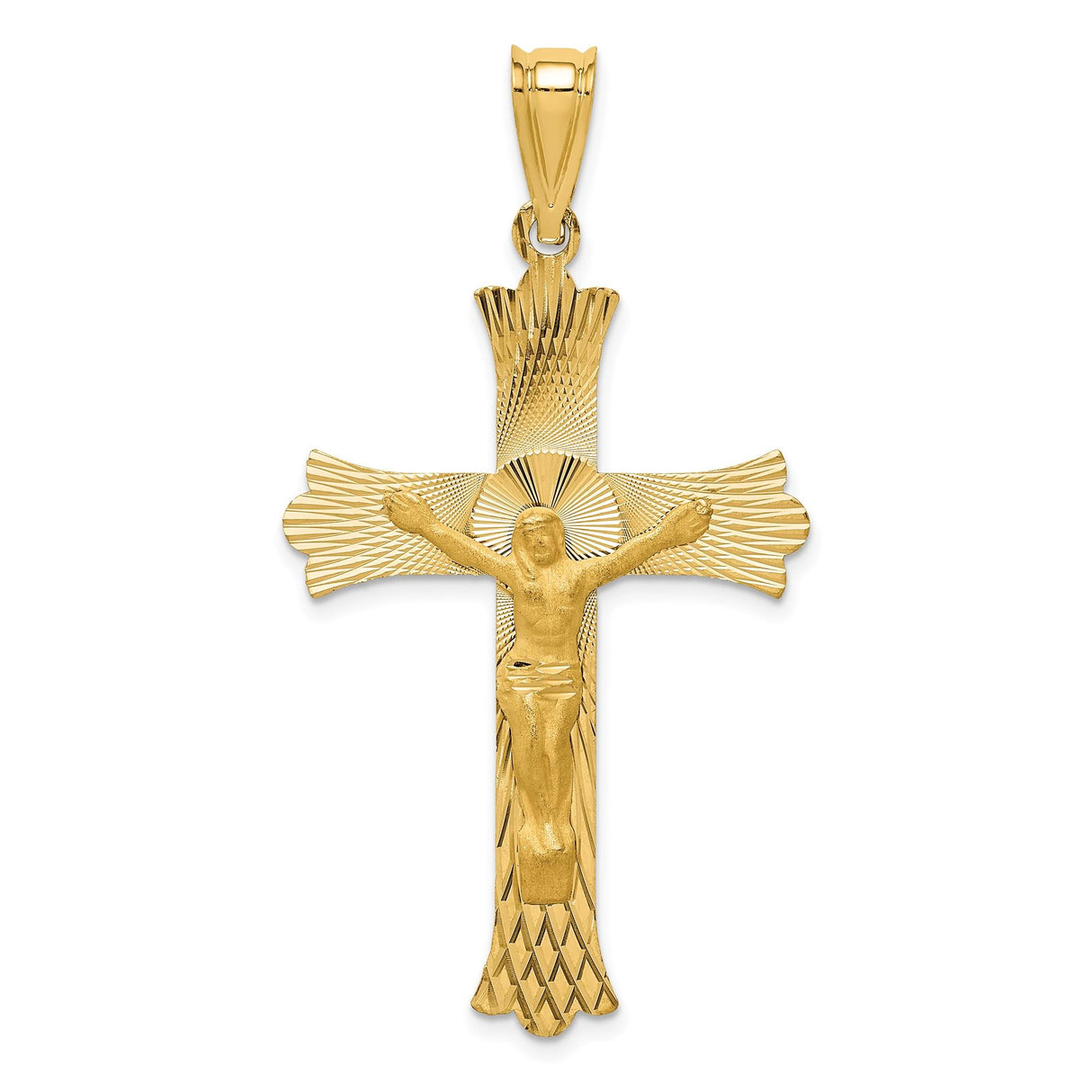 14k Yellow Gold Crucifix Cross Pendant with Satin and Mirror Finish, Jesus Figure, Fleur de Lis Detail