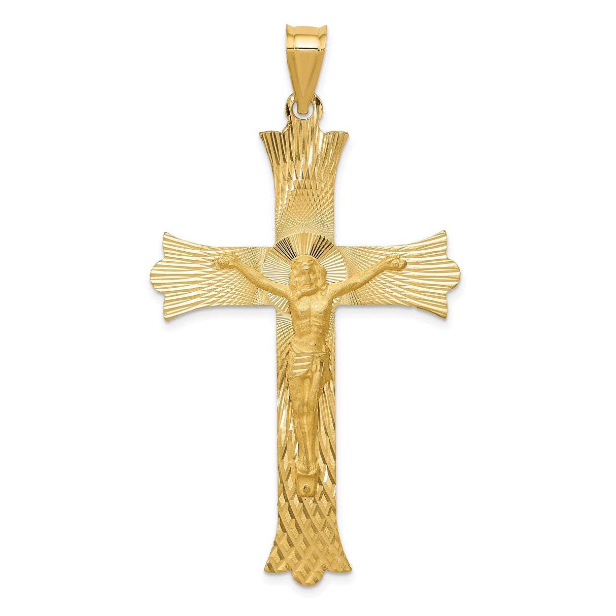 14k Yellow Gold Crucifix Cross Pendant with Satin Finish and Dimensional Jesus