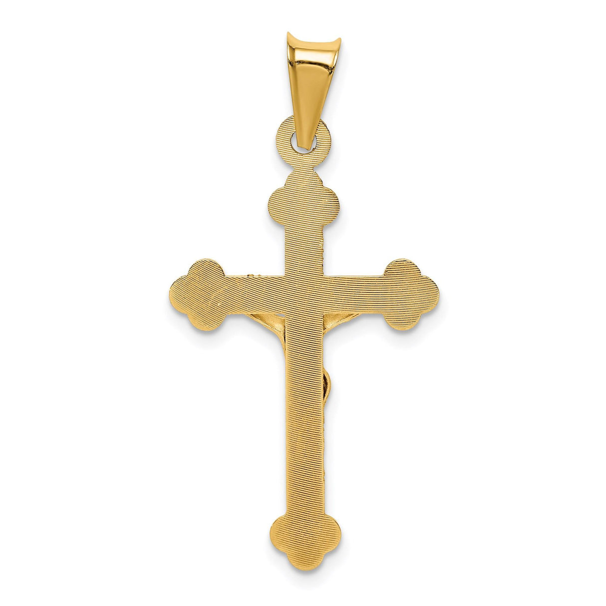 14k Yellow Gold Budded Crucifix Pendant, Satin and High Polish Christian Cross Charm