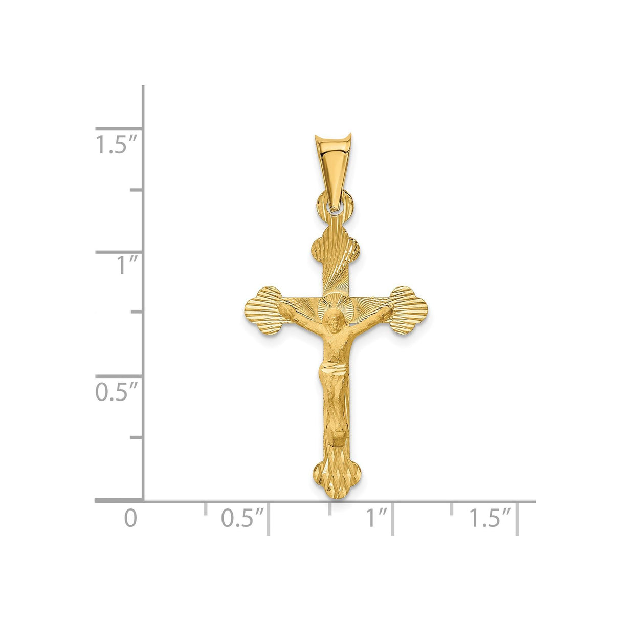 14k Yellow Gold Budded Crucifix Pendant, Satin and High Polish Christian Cross Charm