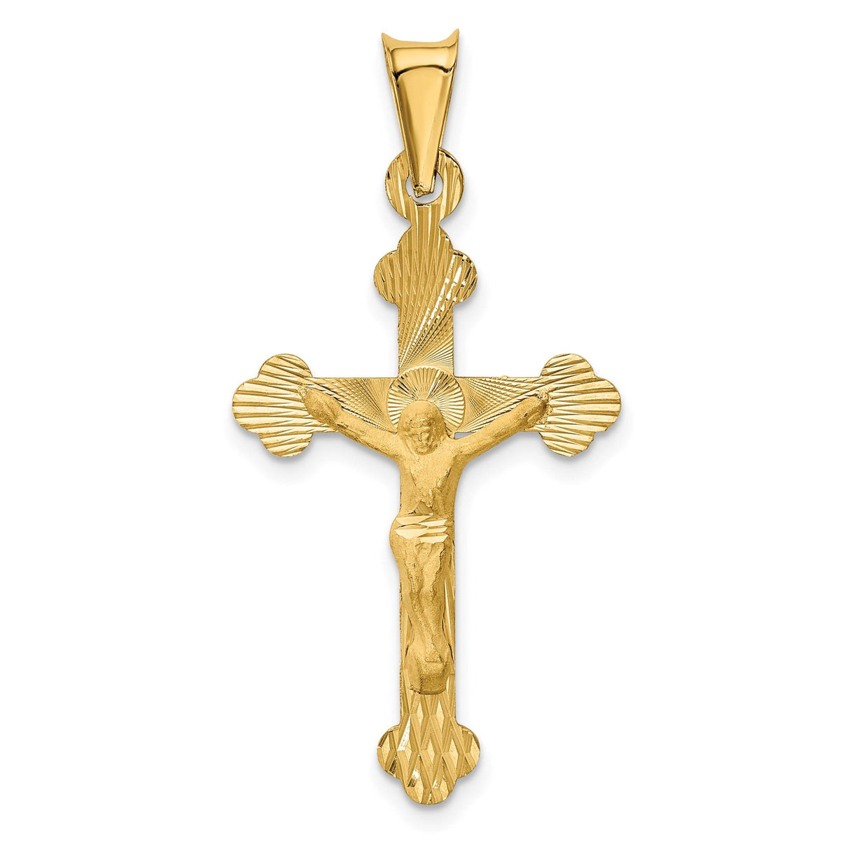 14k Yellow Gold Budded Crucifix Pendant, Satin and High Polish Christian Cross Charm