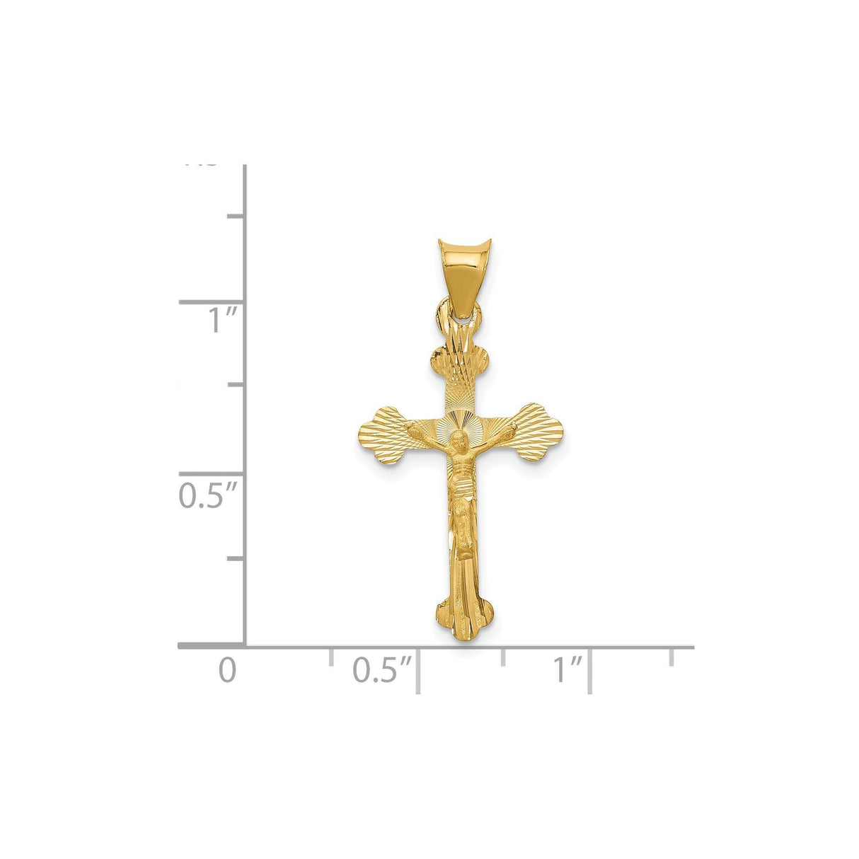 14k Yellow Gold Crucifix Pendant with Satin Finish, Baroque Catholic Religious Charm