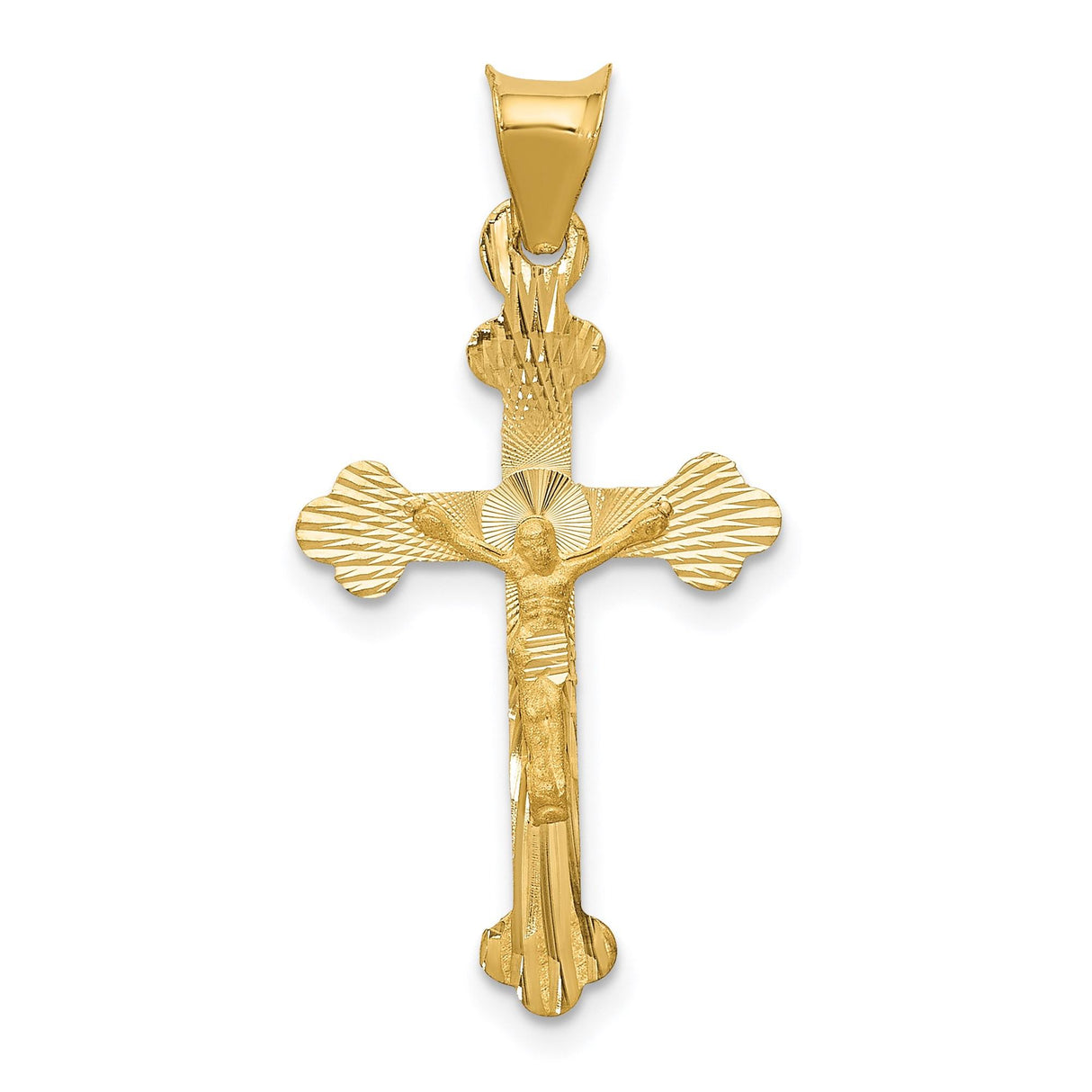 14k Yellow Gold Crucifix Pendant with Satin Finish, Baroque Catholic Religious Charm