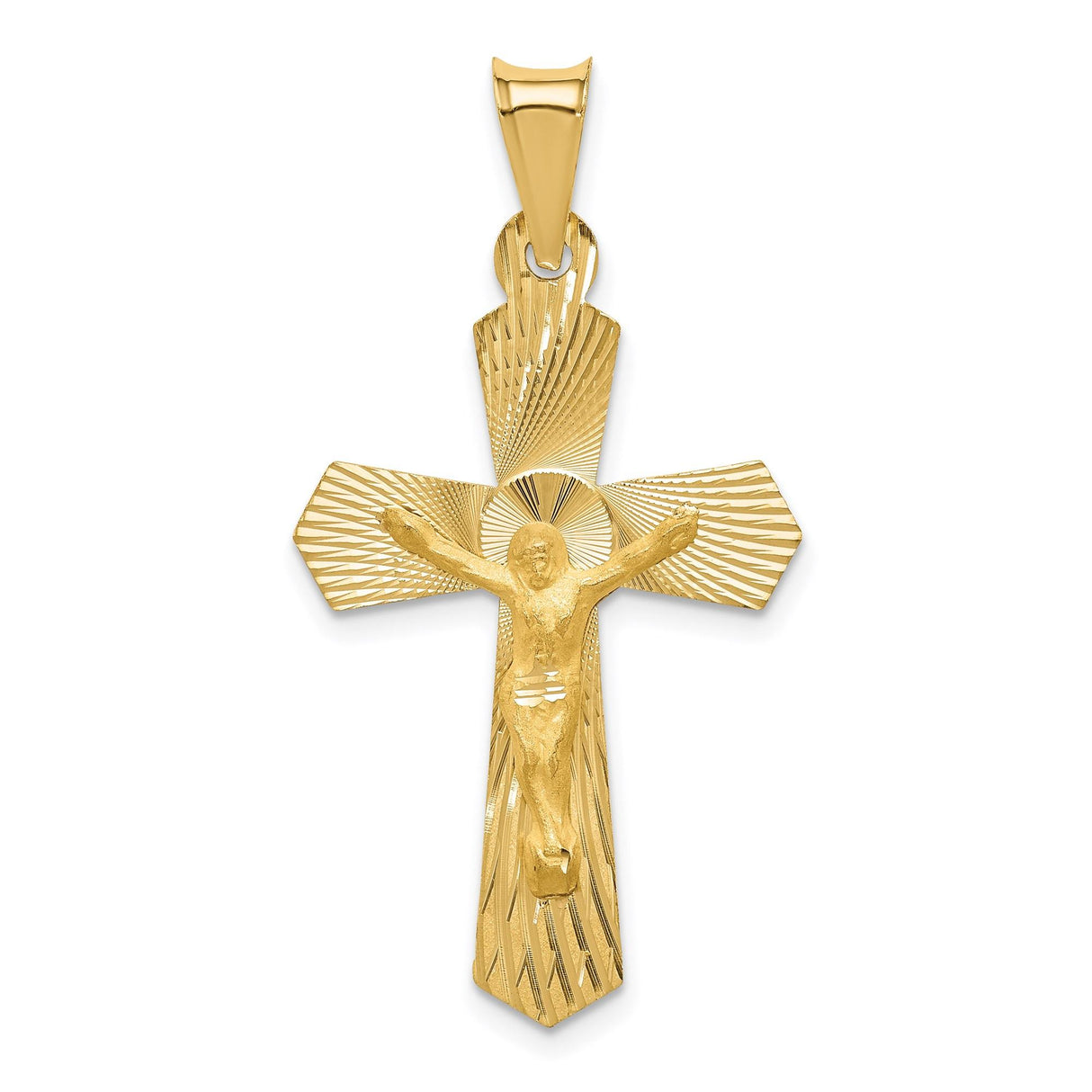 14k Yellow Gold Crucifix Pendant with Satin Finish Sunburst Cross and Jesus Figure